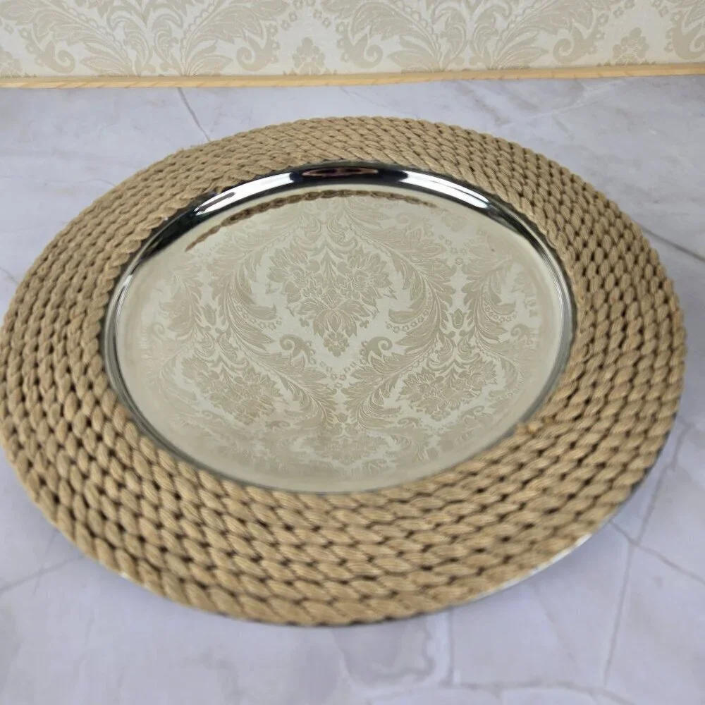 Round Tray and Ice Bucket w/ Tongs Aluminum Rope Covered Serving Set Decor